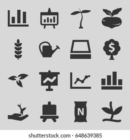 Growing icons set. set of 16 growing filled icons such as plant, beet, board, watering can, bag with ground, square plant pot, chart, plant on hand, money tree, graph