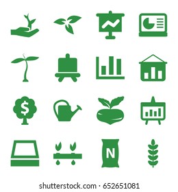 Growing icons set. set of 16 growing filled icons such as plant, beet, board, watering can, bag with ground, square plant pot, chart, chart on display, plant on hand