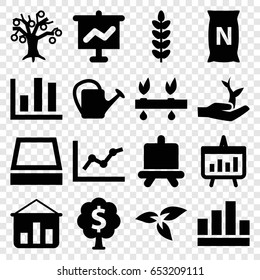 Growing icons set. set of 16 growing filled icons such as plant, board, watering can, bag with ground, square plant pot, chart, plant on hand, money tree, graph