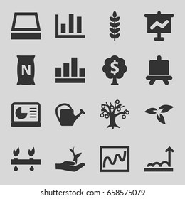 Growing icons set. set of 16 growing filled icons such as plant, board, watering can, bag with ground, square plant pot, chart on display, plant on hand, money tree, graph
