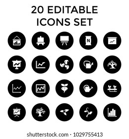 Growing icons. set of 20 editable filled growing icons such as plant, board, chart, money tree, graph on board, watering can. best quality growing elements in trendy style.