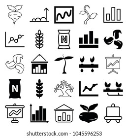 Growing icons. set of 25 editable filled and outline growing icons such as plant, beet, graph, chart, bag with ground, board, graph on board