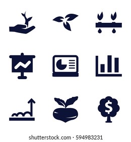 growing icons set. Set of 9 growing filled icons such as plant, beet, chart on display, plant on hand, money tree, graph, chart