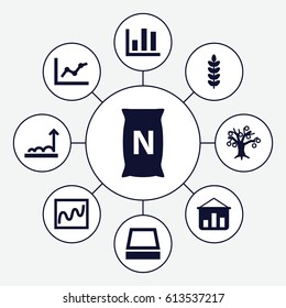 Growing icons set. set of 9 growing filled icons such as bag with ground, square plant pot, graph, chart, money tree, graph on board
