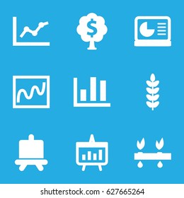 Growing icons set. set of 9 growing filled icons such as board, chart, chart on display, money tree