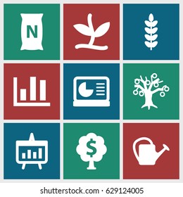 Growing icons set. set of 9 growing filled icons such as watering can, bag with ground, chart, chart on display, plant