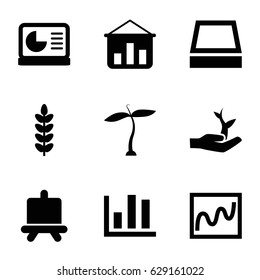Growing icons set. set of 9 growing filled icons such as plant, board, square plant pot, chart on display, plant on hand, chart