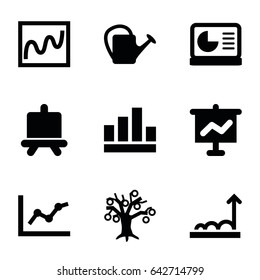 Growing icons set. set of 9 growing filled icons such as board, watering can, chart on display, graph, chart, money tree