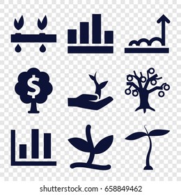 Growing icons set. set of 9 growing filled icons such as plant, plant on hand, money tree, graph