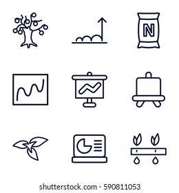 growing icons set. Set of 9 growing outline icons such as plant, board, bag with ground, chart on display, graph, chart, money tree