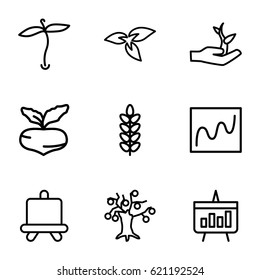 Growing icons set. set of 9 growing outline icons such as plant, beet, board, chart, plant on hand