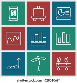 Growing icons set. set of 9 growing outline icons such as plant, board, bag with ground, chart on display, graph