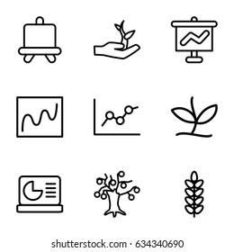 Growing icons set. set of 9 growing outline icons such as board, chart on display, plant, plant on hand, chart, money tree
