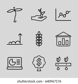 Growing icons set. set of 9 growing outline icons such as plant, chart on display, plant on hand, money tree, graph, chart