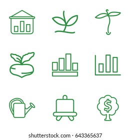 Growing icons set. set of 9 growing outline icons such as plant, beet, board, watering can, money tree, graph, chart