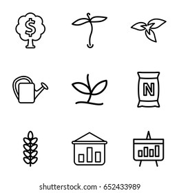 Growing icons set. set of 9 growing outline icons such as plant, watering can, bag with ground, chart, money tree