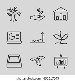Growing icons set. set of 9 growing outline icons such as plant, square plant pot, chart, chart on display, plant on hand, graph, money tree
