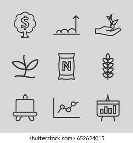 Growing icons set. set of 9 growing outline icons such as board, bag with ground, chart, plant, plant on hand, money tree