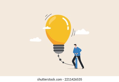Growing Idea. creative ideas for business ideas. Career path or goal achievement. Businessman pumping air into idea balloon.