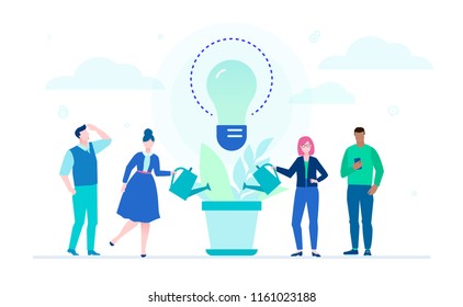 Growing ideas - flat design style illustration on white background. Metaphorical composition with international business team watering the plant, big lightbulb, louds. Creativity and team work concept