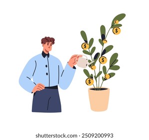 Growing and increasing wealth, investment concept. Money plant in pot, income growth, financial success. Economic development, personal finance. Flat vector illustration isolated on white background