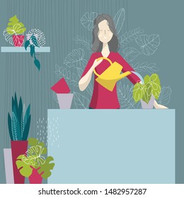 Growing indoor plants. Girl watering a potted plant.