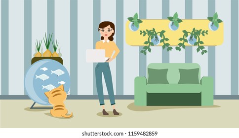 Growing indoor plants and vegetables in the house. Smart farm indoors. Eco farm with aquaponics system of planting vegetables. Vector illustration.