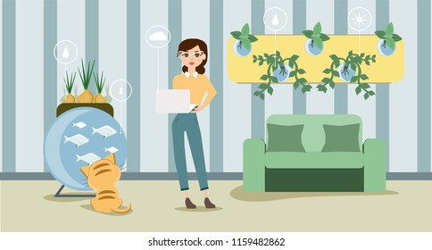 Growing indoor plants and vegetables in the house. Smart farm indoors. Eco farm with aquaponics system of planting vegetables. Vector illustration.