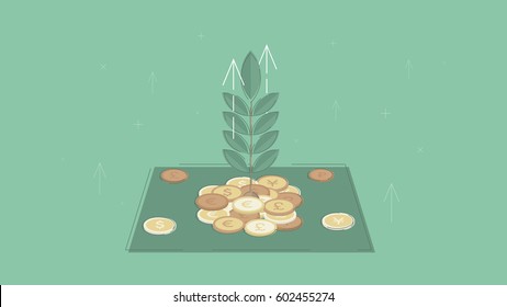 Growing investment. Money tree. Concept business vector for investing into ideas, creative innovative work, growing business. Flat illustration with thin broken line.