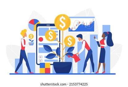 Growing investment profit and team working help. Financial grow up business evolution strategy