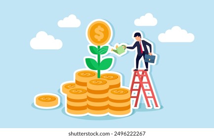 growing investments wealth growth, increased earnings, savings, and wealth management, including pension funds, concept of A businessman investor waters a stack of dollar coins to grow a money plant