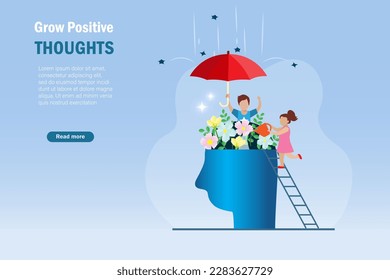 Growing kids positive thinking and mental health. Children showering and hold umbrella to protect flowers in human brain to maintain positive thoughts. Vector illustration.