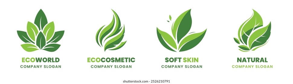 Conjunto de Plantilla de diseño de logotipo de icono de hoja en crecimiento. Elemento gráfico de planta de ecología. Ilustración de símbolo ecológico, signo para el Día de la Tierra verde, la naturaleza y el medio ambiente verde. Hojas verdes bio concepto de salud orgánica
