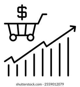 A growing line chart with an arrow indicating an upward trend, alongside a shopping cart with a small dollar sign on top, round line vector icon with editable stroke