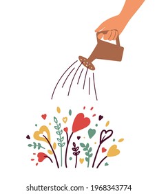Growing love, health care, wellbeing or wellness. Human hand with watering can irrigates blossom heart shapes flowers. Cultivating love. Charity, volunteer work, therapy. Abstract vector illustration