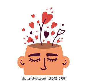 Growing love, positive mind, well mental health. Wellbeing, wellness mindset. Cultivating love in oneself. Heart shapes in human head. Self care, healthy brain. Psychology abstract vector illustration