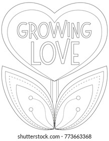 Growing love poster with heart shaped plant. Coloring book page for adults and kids. Valentine day holiday vector illustration for gift card, flyer, certificate or banner