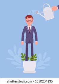 Growing Male Talent, Business And Personal Development. Helping Man Grow In Plant Pot, Watering To Support, Make Strong, Healthy, Professional Growth, Training. Vector Flat Style Cartoon Illustration