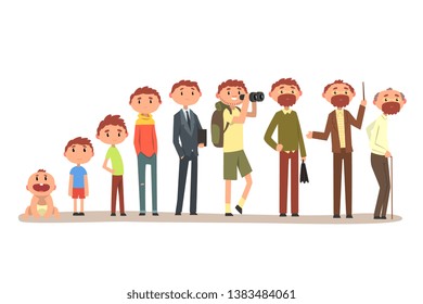 Growing up of a man from infant to grandfather, cycle of life vector Illustration on a white background