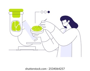 Cultivando carne em um laboratório conceito abstrato ilustração vetorial. Cientista fazendo e analisando carne cultivada em laboratório, ciência da alimentação, setor de biotecnologia, metáfora abstrata de engenharia de alimentos.