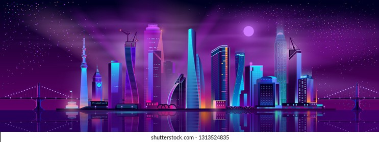 Growing metropolis, city development neon colors, cartoon vector concept. Night cityscape with futuristic urban architecture and cranes on new skyscrapers construction illustration. Urban background