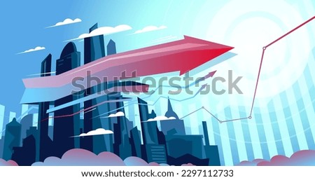 Growing metropolis city, vector illustration with growts ribbon arrow, city development design template. Futuristic urban architecture