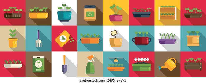 Growing microgreens icons set. Seedling growing in pots and planters with garden tools icons set in flat style with long shadow