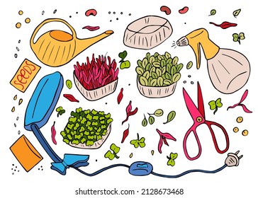 Growing microgreens set hand drawn sketch vector. Microgreen in boxes isolated, planting micro-greenery, sprayer, watering can, seeds, scissors, lamp for greenery. Element for design, print, sticker, 