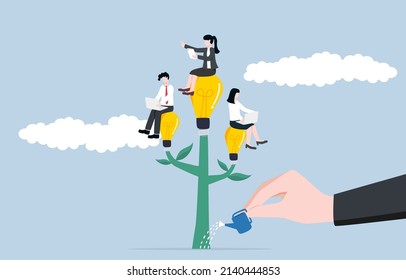 Growing mindset culture in  workplace concept. Developing creativity together in business team. Cultivating corperate value. Employees sitting on same lightbulb tree while watered by giant boss hand.