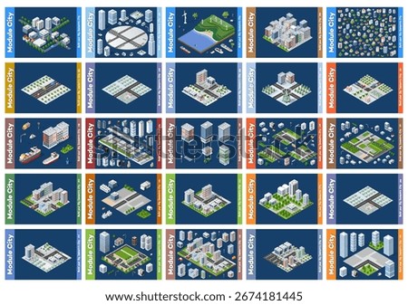 Growing modular city with buildings and infrastructure elements representing urban planning and development