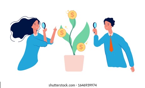 Growing money. Business prosperity concept. Planting coins, successful start up. Young businesspeople study profitability, investment and revenue vector illustration