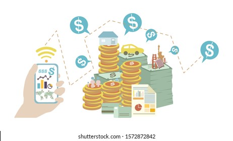 Growing money, Coins and Banknote for Finance and Investment Concept, easy to use and highly customizable, modern vector illustration, analysis of sales, statistic grow data, accounting infographic.