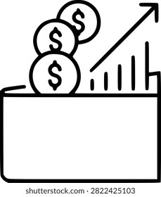 Growing money coins inside container with upward trend graph illustration