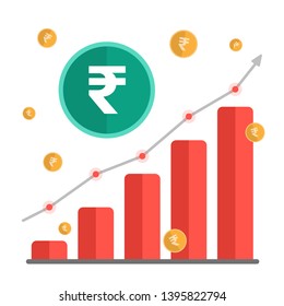 Growing money concept. Indian Rupee sign with chart, rising arrow and coins. Vector illustration